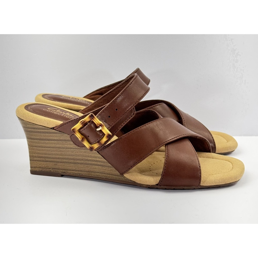 Clarks Womens Kyarra Judi Slip on Comfort Casual Brown Leather Wedge Sandal 8.5M - Picture 4 of 11